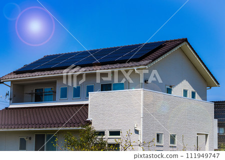 Eco housing, blue sky and sun Eco housing, blue sky and sun 111949747