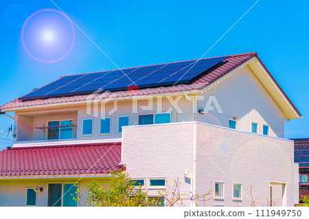 Eco housing, blue sky and sun Eco housing, blue sky and sun 111949750