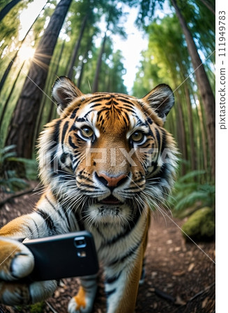 AI-generated content. Animal make selfie in forest. Close-up tiger in forest take selfie. interaction between wildlife and modern photography trends 111949783