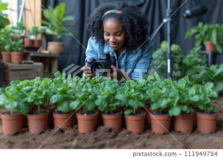 A woman is photographing potted houseplants with a camera 111949784