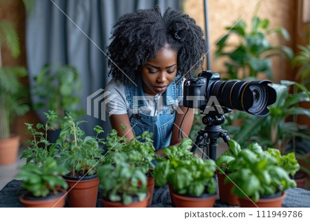 A woman is photographing potted houseplants with a camera 111949786