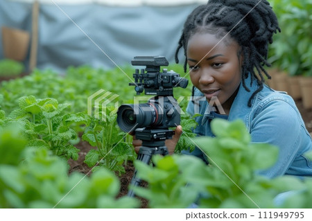 A woman is capturing plants in a greenhouse using a camera 111949795