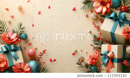 promotional card illustration for big opening beige background with gift boxes, spring flowers 111950183