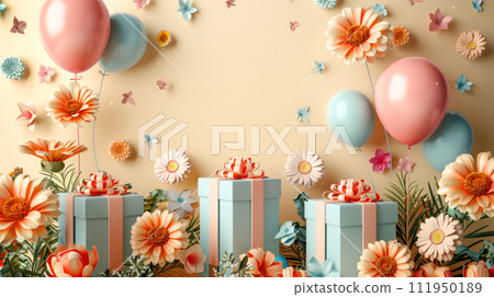 promotional card illustration for big opening beige background with gift boxes, spring flowers promotional card illustration for big opening beige background with gift boxes, spring flowers 111950189