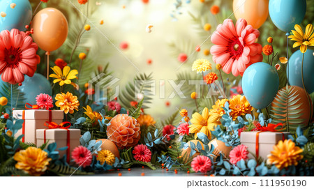 promotional card illustration for big opening beige background with gift boxes, spring flowers promotional card illustration for big opening beige background with gift boxes, spring flowers 111950190