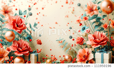 promotional card illustration for big opening beige background with gift boxes, spring flowers 111950196