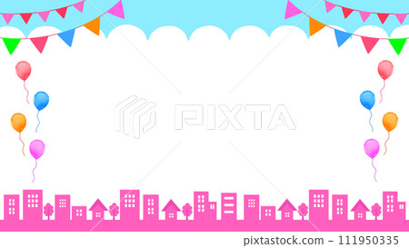 Spring event frame cityscape, garland and balloons 16:9 111950335