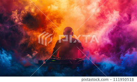 DJ silhouette wrapped in colorful smoke 111950518
