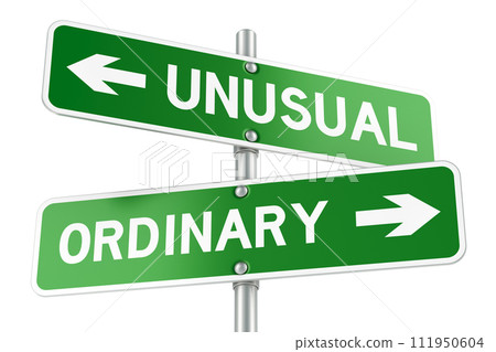 Unusual or Ordinary. Opposite traffic sign, 3D rendering Unusual or Ordinary. Opposite traffic sign, 3D rendering 111950604