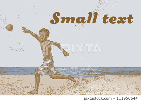 Afro american boy playing on the beach. Retro engraving style. Afro american boy playing on the beach. Retro engraving style. 111950644