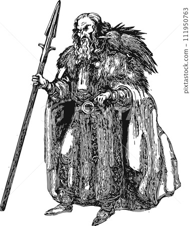 Odin. Ancient Scandinavian god. Viking. Engraving style. Isolated illustration for banner, background, card, book, tatto, t-shirt, poster. 111950763