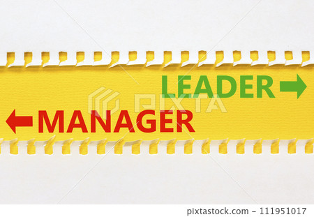 Leader or manager symbol. Concept word Leader or Manager on beautiful yellow paper. Beautiful white paper background. Business and leader or manager concept. Copy space. Leader or manager symbol. Concept word Leader or Manager on beautiful yellow paper. Beautiful white paper background. Business and leader or manager concept. Copy space. 111951017