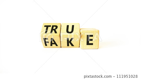 Fake or true symbol. Turned wooden cubes and changed the word fake to true or vice versa. Beautiful white table, white background, copy space. Business and fake or true concept. 111951028