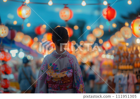 日本女人穿著浴衣享受夏日祭 日本女人穿著浴衣享受夏日祭 111951305