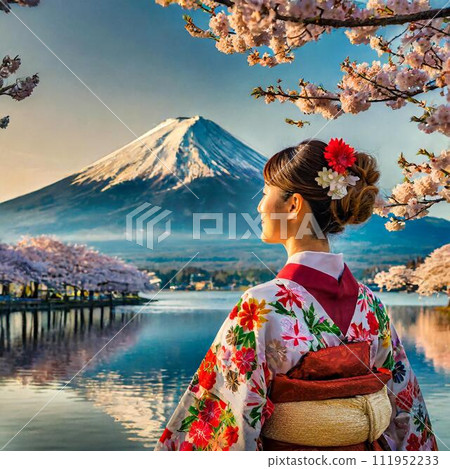 A woman looking at the lake, cherry blossoms, and Mt. Fuji (Japan) 111952233