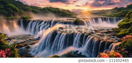 Fantasy landscape with waterfalls, panorama. Fantasy landscape with waterfalls, panorama. 111952485