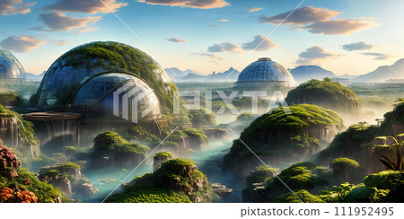 Vibrant biodome city on alien planet. diverse ecosystems, artificial, bioengineered. Vibrant biodome city on alien planet. diverse ecosystems, artificial, bioengineered. 111952495