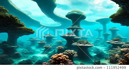 Utopian underwater city. Marvel at the transparent domes, futuristic transit networks, and cutting-edge research hubs delving into the ocean's mysteries. 111952499