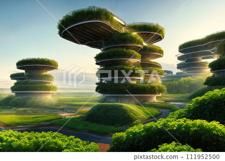 A futuristic digital masterpiece envisioning a high-tech agricultural hub. See automated farming machines thriving vertical gardens. 111952500