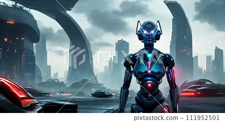 In a futuristic world ruled by AI and robotics, androids, cyborgs, and intelligent machines operate in an automated setting, showcasing at its peak. 111952501