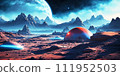 Space exploration images featuring advanced and space stations observing distant galaxies, black holes, and celestial phenomena in the cosmos. 111952503
