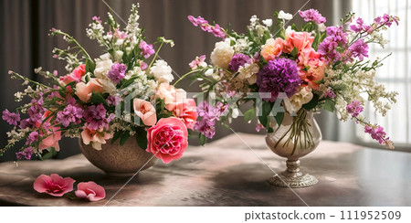 Delicate elegance of blooming flowers and vibrant floral arrangements 111952509