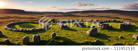A mysterious and ancient stone circle nestled in a remote moorland A mysterious and ancient stone circle nestled in a remote moorland 111952510