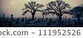 A graveyard shrouded in mist, with weathered tombstones standing sentinel amidst gnarled trees towards the moon. 111952526
