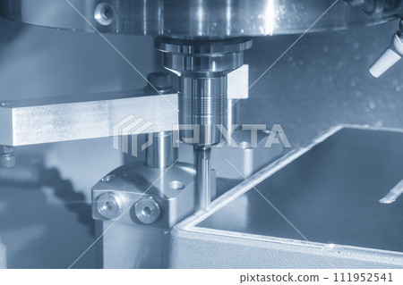The CNC milling machine cutting mold parts with flat end mill tool in the light blue scene. 111952541