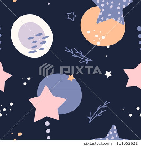 Bohemian baby pattern. Seamless baby pattern in boho style. Bohemian pattern for kids with organic shapes and stars on blue background. 111952621