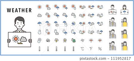 可編輯的氣象預報員人物插畫與氣象圖示素材集 可編輯的氣象預報員人物插畫與氣象圖示素材集 111952817