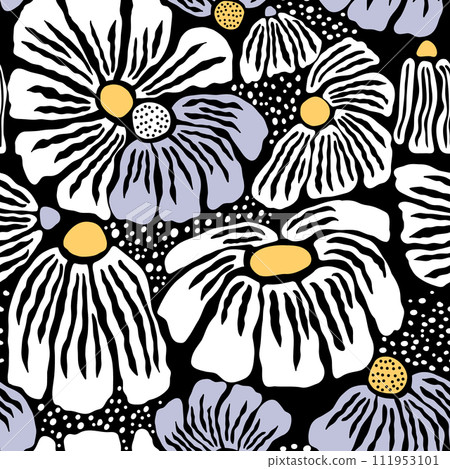 Abstract monochrome style floral seamless pattern. Hand drawn big flowers texture. Great for fabric, textile, wallpaper. Vector illustration 111953101