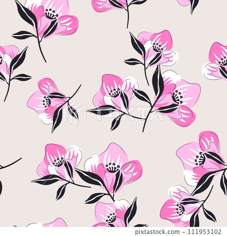 Seamless fashion floral pattern. Pink flowers design for textile, fabric. Vector botanical background 111953102