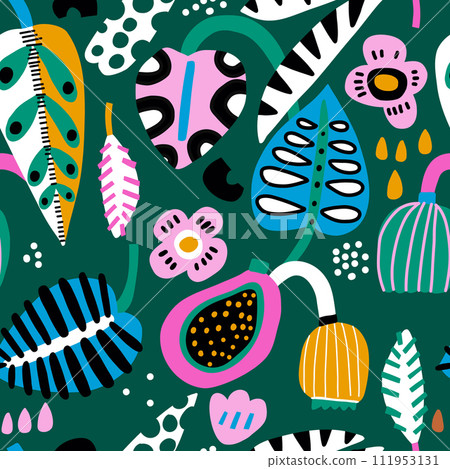 Seamless abstract tropical pattern with jungle botanical elements. Summer green texture. Vector illustration 111953131