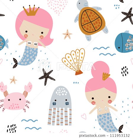 Seamless pattern with cute mermaids. Creative childish underwater texture. Great for fabric, textile Vector Illustration Seamless pattern with cute mermaids. Creative childish underwater texture. Great for fabric, textile Vector Illustration 111953132