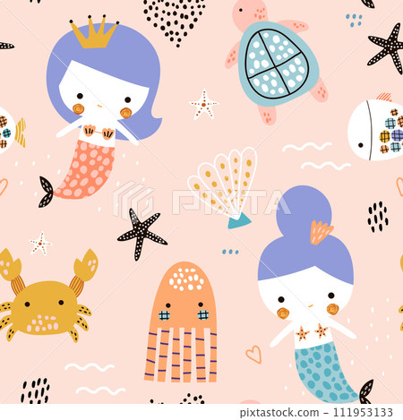 Seamless pattern with cute mermaids. Creative childish underwater texture. Great for fabric, textile Vector Illustration 111953133