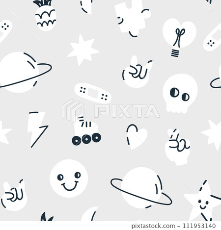 Seamless childish pattern with white badges and stickers. Creative kids monochrome texture for fabric, wallpaper, apparel. Vector background 111953140