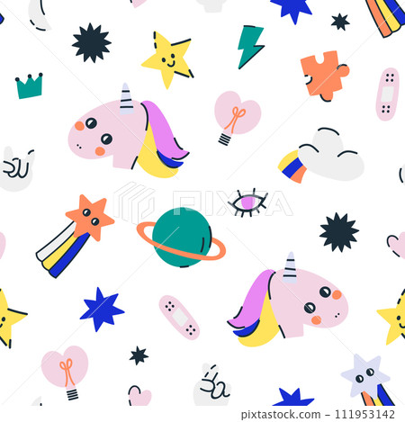 Seamless childish pattern with pins, patches elements, unicorn, rainbow, star. Vector kids modern texture Seamless childish pattern with pins, patches elements, unicorn, rainbow, star. Vector kids modern texture 111953142