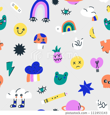 Seamless childish pattern with pins, sticker elements, emoji,rainbow, cloud. Vector kids modern texture Seamless childish pattern with pins, sticker elements, emoji,rainbow, cloud. Vector kids modern texture 111953143