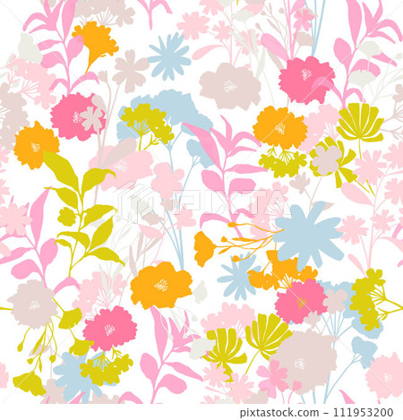 Hand drawn floral texture. Blooming pastel small flowers seamless pattern. Perfect for fabric, textile, wrapping paper. Vector illustration 111953200