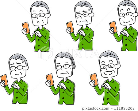 Pose set of an elderly man holding a smartphone Pose set of an elderly man holding a smartphone 111953202