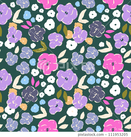 Hand drawn floral texture. Blooming small flowers seamless pattern. Perfect for fabric, textile, wrapping paper. Vector illustration 111953205