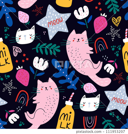Seamless modern childish pattern with cartoon pink cats. High detailed kids texture with star, cat, rainbow, strawberry, heart, milk. Vector illustration 111953207