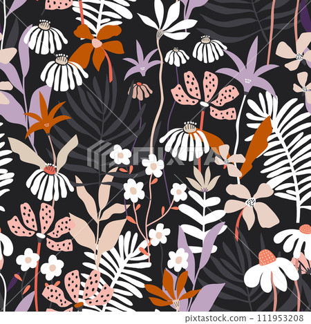 Seamless floral high detailed pattern. Botanical trendy texture for fabric, textile, apparel. Vector background Seamless floral high detailed pattern. Botanical trendy texture for fabric, textile, apparel. Vector background 111953208