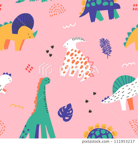 Seamless childish dino pattern. Cute dinosaurs characters texture. Hand drawn dino design. Vector illustration 111953217
