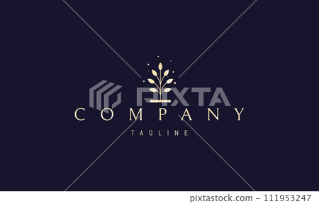 Vector golden logo with an abstract image of a tree sprout with leaves. Vector golden logo with an abstract image of a tree sprout with leaves. 111953247