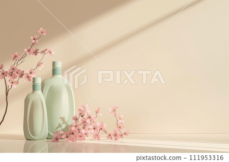 Two bottles of laundry detergent placed against a solid beige background with cherry blossoms 111953316