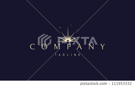 A vector golden logo with an abstract image of a solar dawn on the horizon against a background of stars. A vector golden logo with an abstract image of a solar dawn on the horizon against a background of stars. 111953332