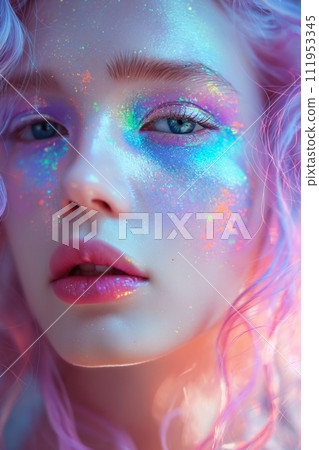 Close up view of young woman with exquisite makeup, face is covered with glitter and sparkles Close up view of young woman with exquisite makeup, face is covered with glitter and sparkles 111953345