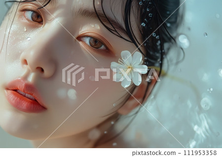 Close up portrait of beautiful young Asian woman with natural makeup and water splash on her face 111953358
